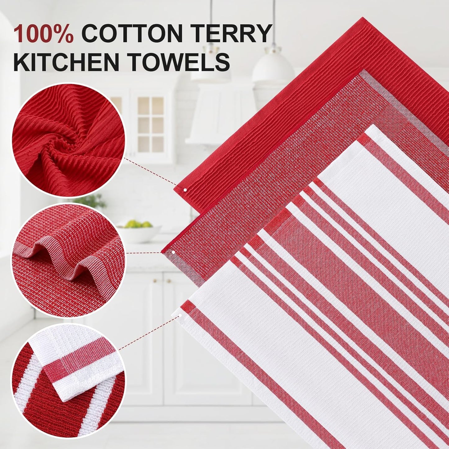 Homaxy Premium Kitchen Towels(18”x 28”, 6 Pack), Large Cotton 380 GSM Kitchen Hand Towels, Soft and Absorbent Terry Dish Towels, Multipurpose Tea Towel Set with Hanging Loop, Red