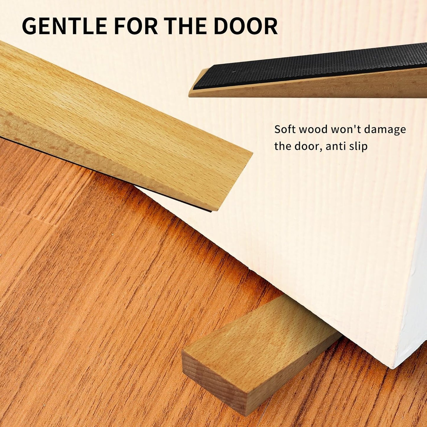 4 Pack Wooden Door Stop - Non-Slip Door Stoppers for Floor - Door Wedges for All Door Types and Surfaces - Each Door Stopper 0.6inch Thick, 4.7inch Long with Rubber