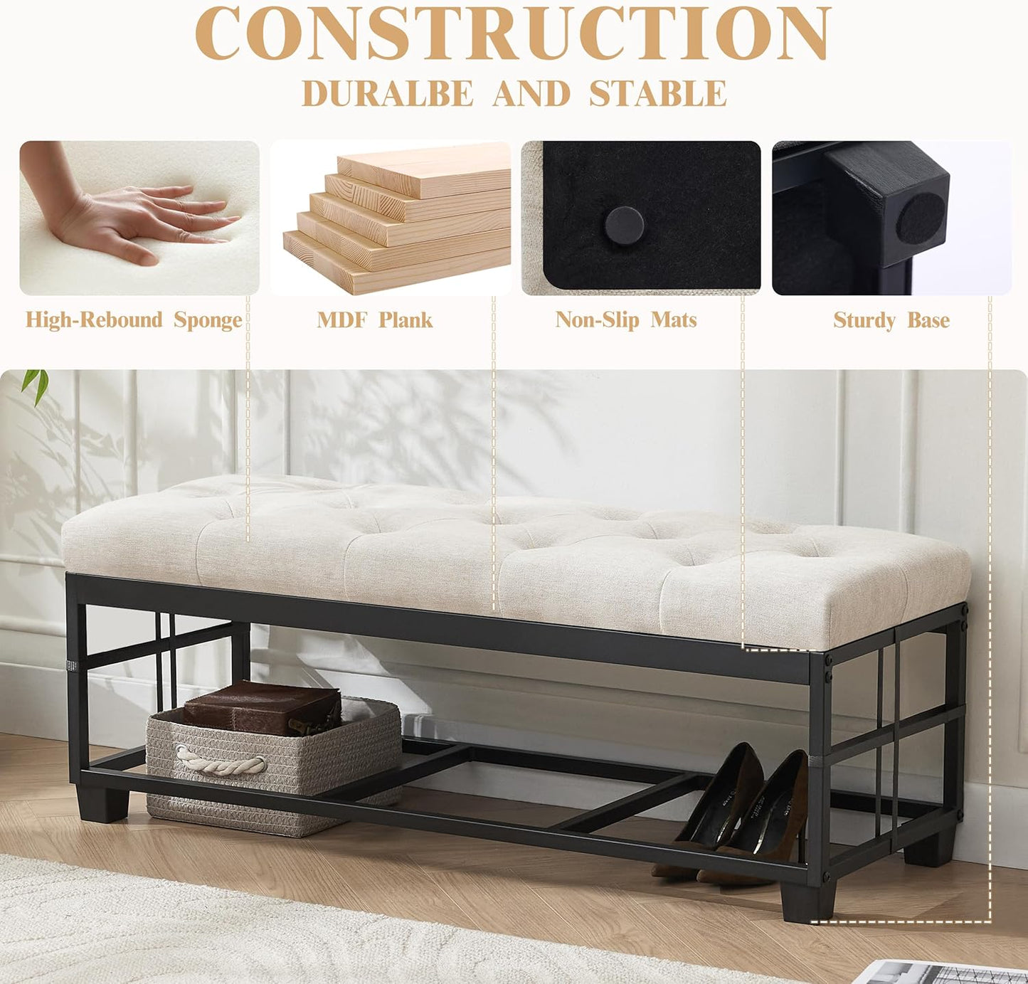 43’’ Storage Ottoman Bench, Linen Entryway Benches Load up to 660 Lb, Modern End of Bed Benches for Bedroom, Ottoman with Storage Bench for Living Room, Beige