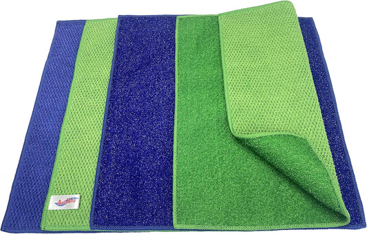 Microfiber Scrub Dish Cleaning Cloth, Non-Scratch, Reusable & Durable for Pan Pot Dish Cooktop Counter Kitchen Household, Machine Washable, 4-Pack, 11.5 x 11.5 inch, Blue & Green Color Assorted