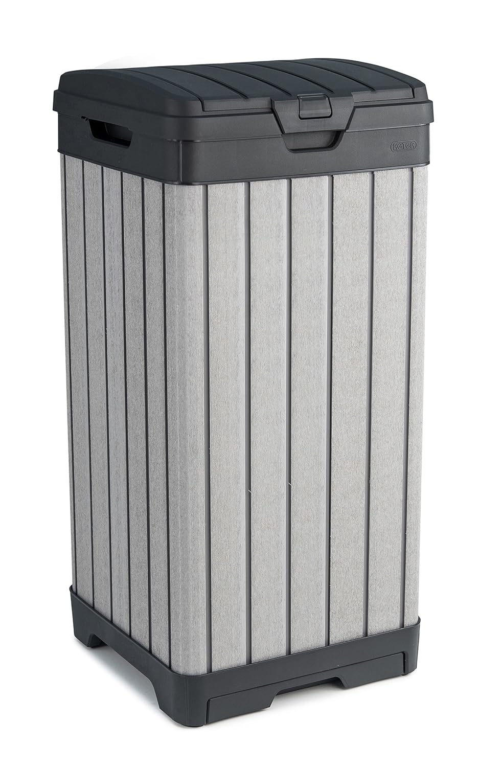 Keter Rockford Resin 38 Gallon Outdoor Kitchen Trash Can with Lid and Drip Tray for Easy Cleaning-Perfect for Patio Dining, Grey