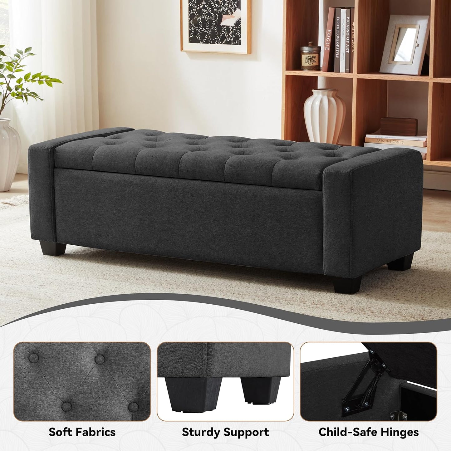 48" Ottoman with Storage, Soft Storage Ottoman Bench for Bedroom, Tufted Upholstered Window Benches, End of Bed Bench for Living Room, Entryway Bench with Seating, Foot Rest, Darkgrey