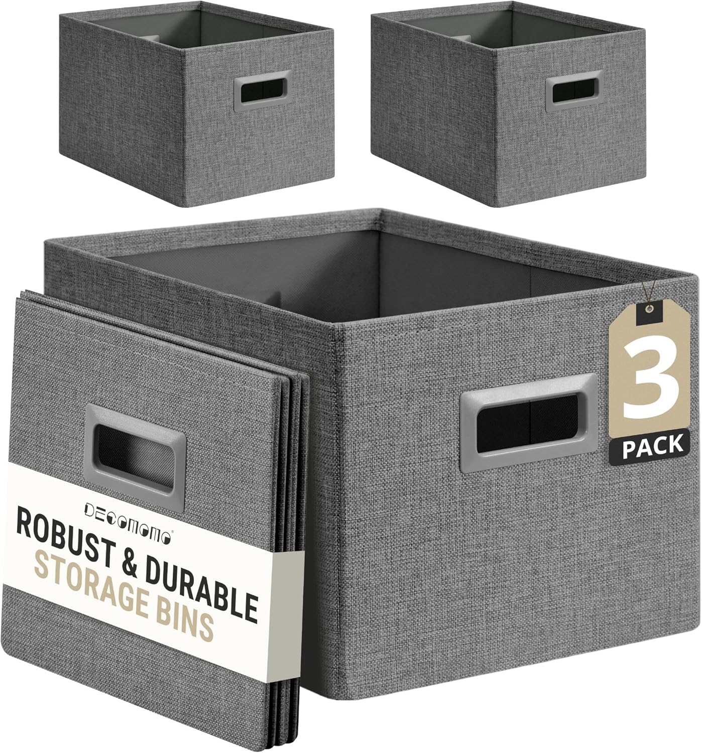 DECOMOMO Storage Bins for Shelves Robust Fabric Closet Bins for Shelves Toy Storage Clothes Books (Pack of 3 – Charcoal)