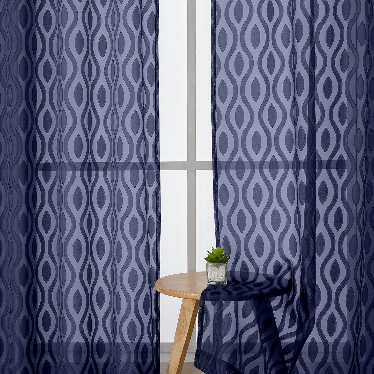 Aiyufeng Navy Curtains 45 Inch Length 2 Panels Set, Farmhouse Soft Airy Lightweight Clip Jacquard Textured Curtains, Chic Wavy Line Window Curtains for Bedroom Living Room, 40" Wx45 L Inches