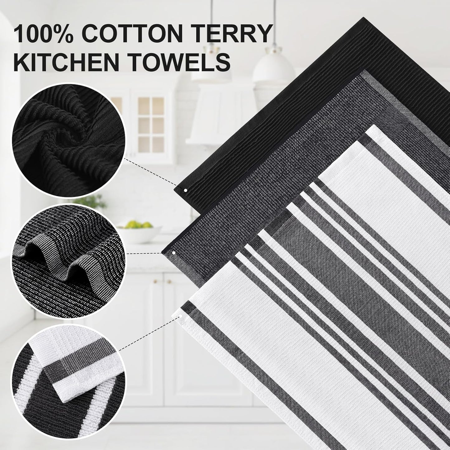 Homaxy Premium Kitchen Towels(18”x 28”, 6 Pack), Large Cotton 380 GSM Kitchen Hand Towels, Soft and Absorbent Terry Dish Towels, Multipurpose Tea Towel Set with Hanging Loop, Black