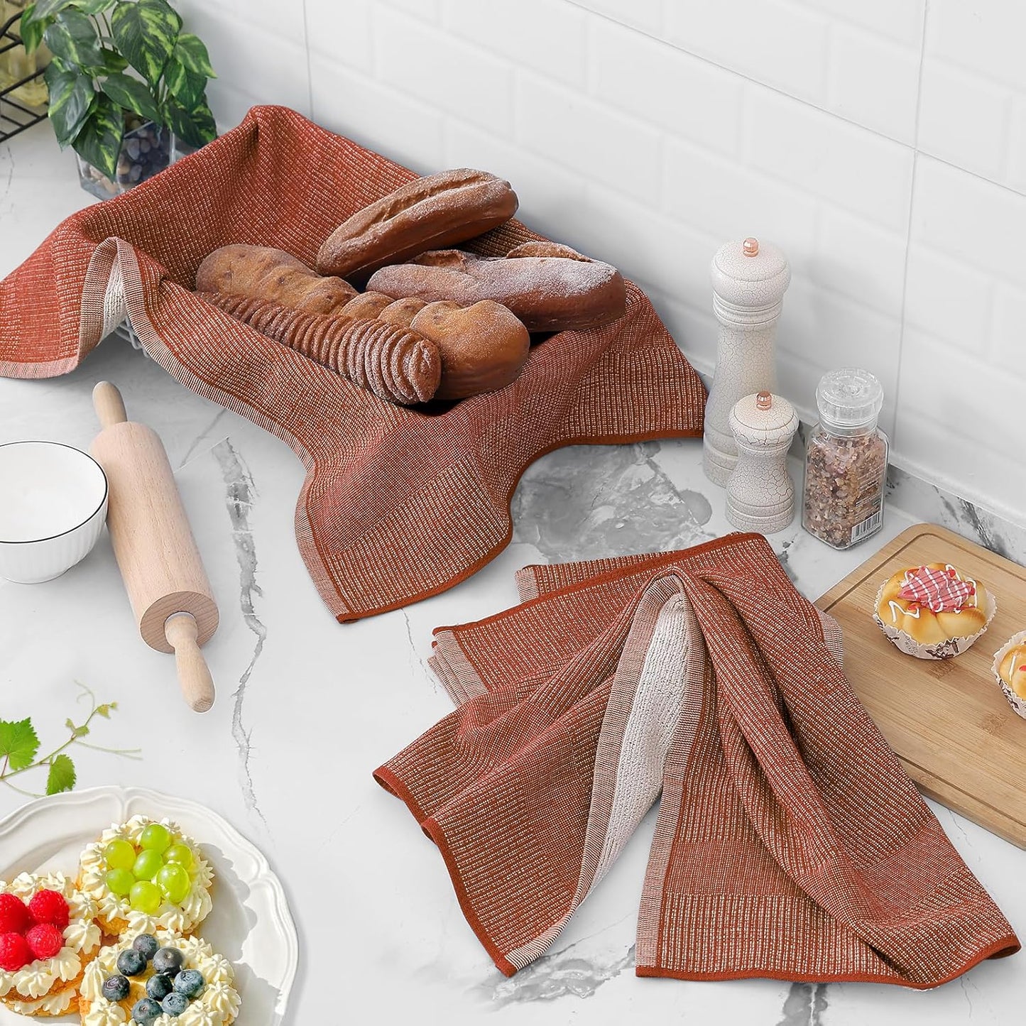 Homaxy Premium Kitchen Towels(18”x 28”, 6 Pack), Large Cotton Kitchen Hand Towels, Flat and Terry Dish Towels, 380 GSM Highly Absorbent Tea Towel Set with Hanging Loop, Rust
