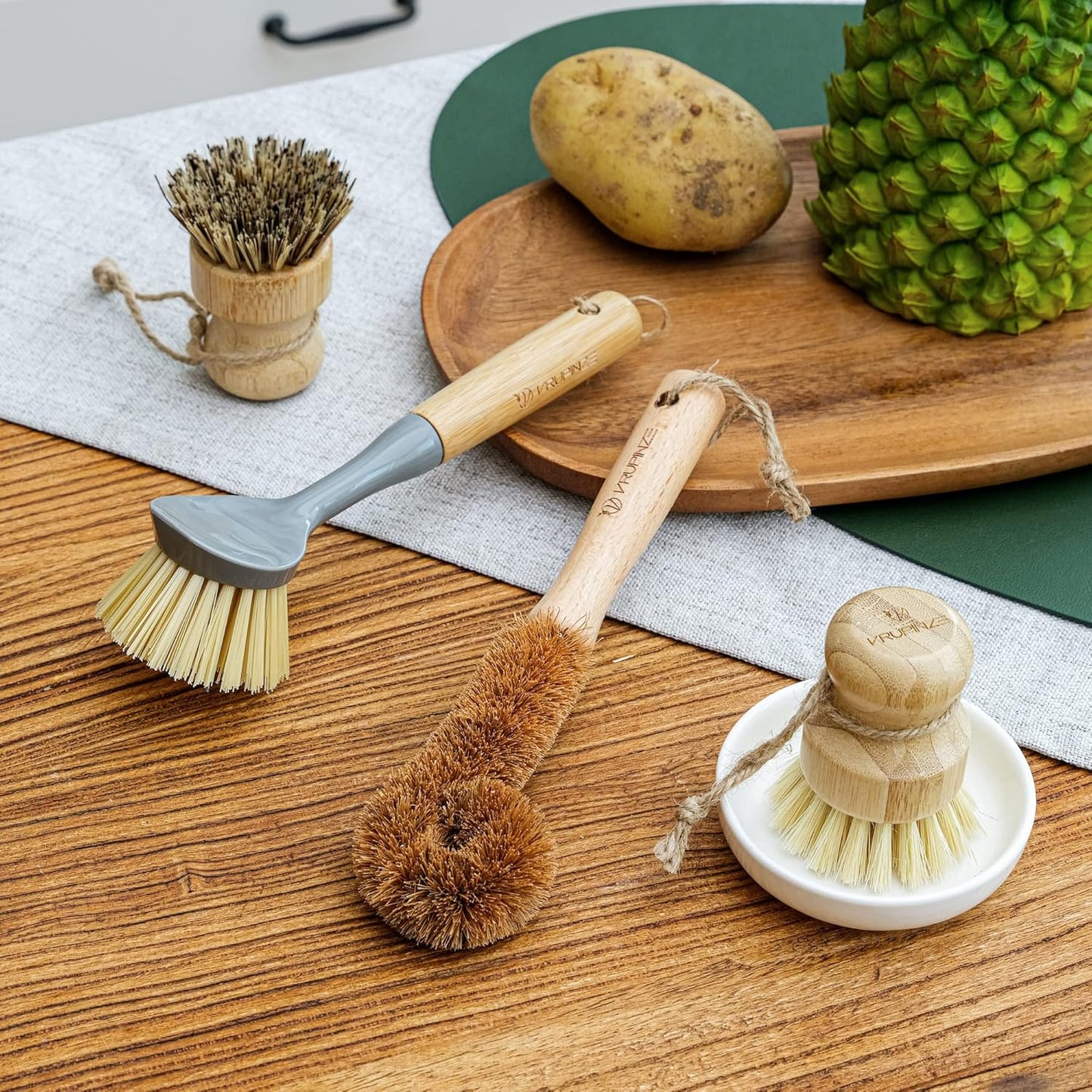Natural Bamboo Dish Brush Bottle Scrub Brush 4-Piece Set, with Ceramic Soap Dispenser - Wooden Washing Up Brushes with Sturdy Handles for Cleaning Dishes, Pots, Pans, Gift Kit