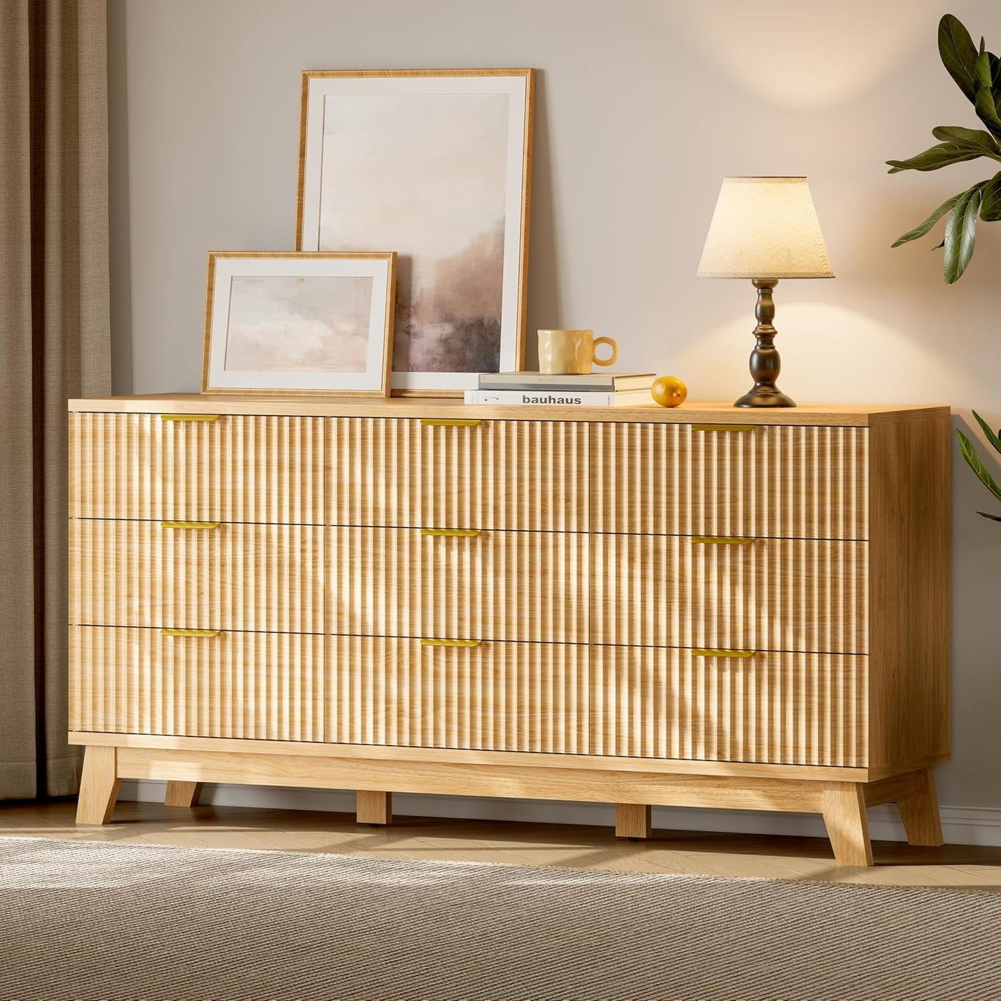 Fluted Dresser with 9 Drawers, 63" Wide Modern Chest of Drawers with Metal Handle, Wooden Dresser TV Stand, Wood Closet Clothes Storage Organizer for Bedroom, Living Room, Hallway, Natural Oak