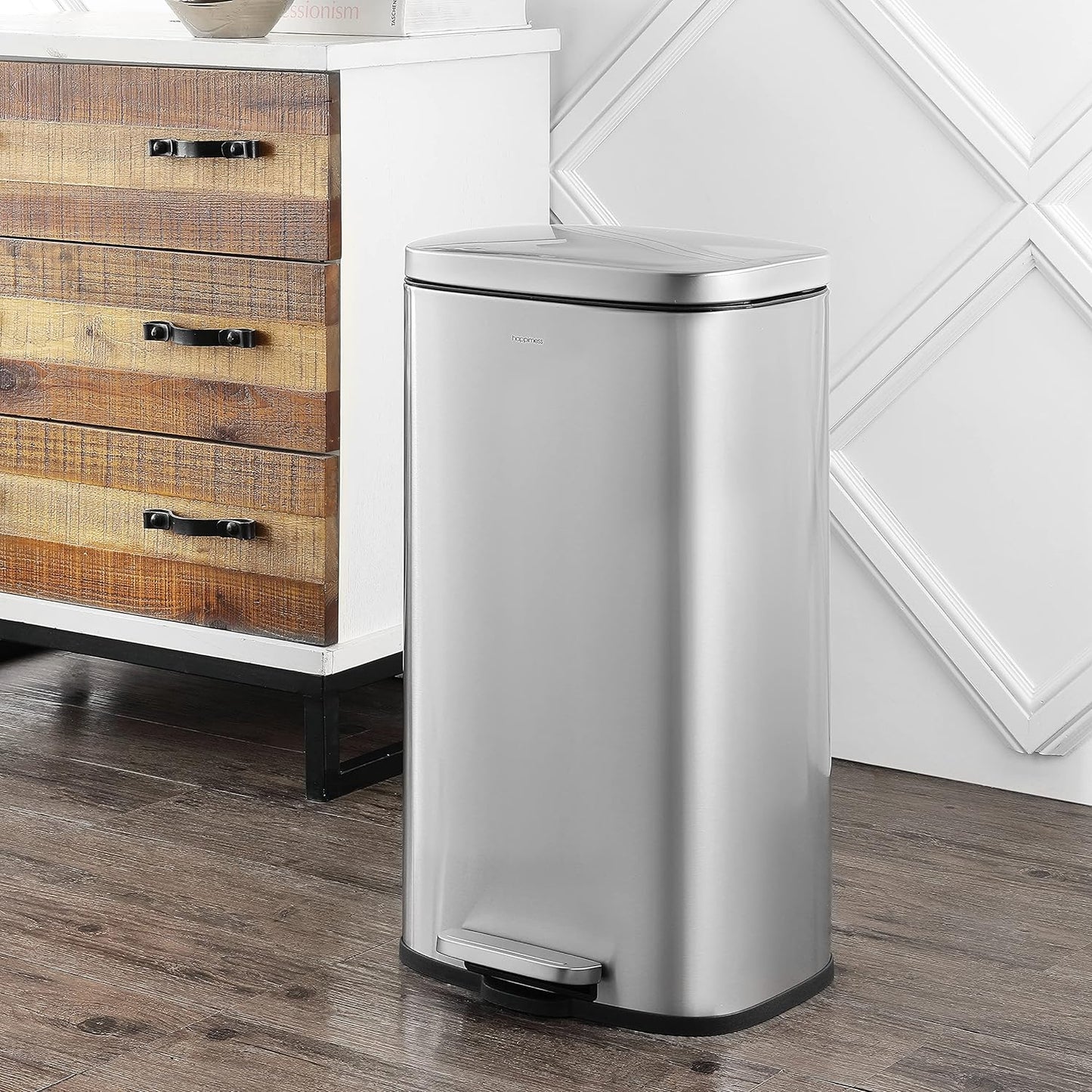 happimess HPM1011A Curtis 8-Gallon Step-Open Trash Can with Soft-Close Lid, Modern, Minimalistic, Fingerprint Proof for Home, Kitchen, Laundry Room, Office, Bedroom, Bathroom, Chrome