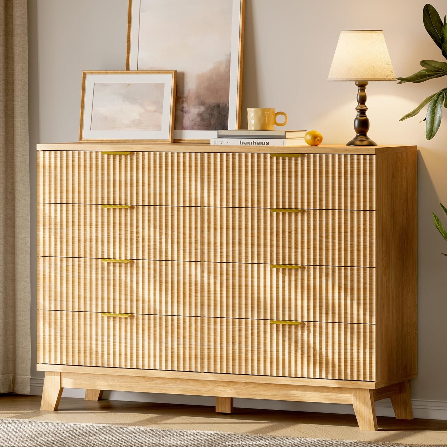 Fluted Dresser with 8 Drawers, 54" Wide Modern Chest of Drawers with Metal Handle, Wooden Dresser TV Stand, Wood Closet Clothes Storage Organizer for Bedroom, Living Room, Hallway, Natural Oak