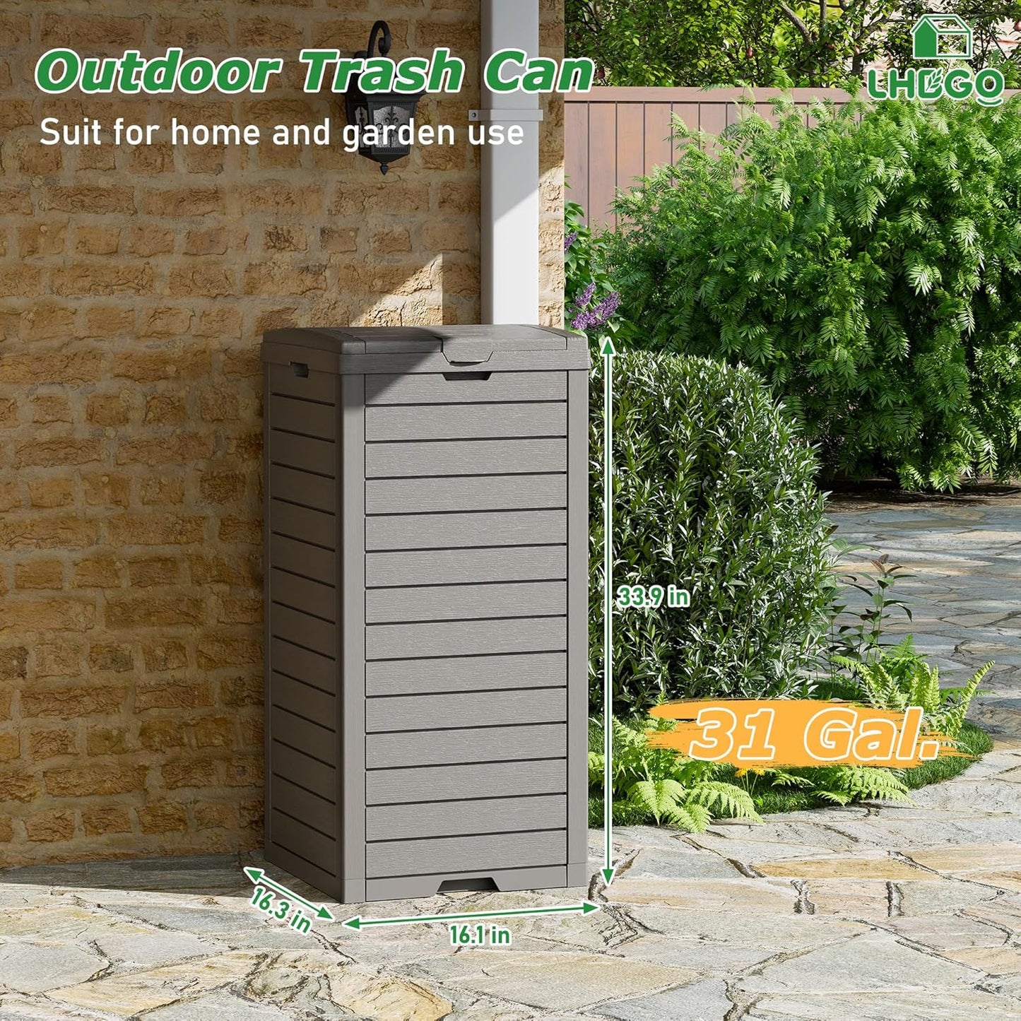 Outdoor Trash Can, 31 Gallon Garbage Can with Tiered Lid and Drip Tray, Waterproof Resin Patio Waste Bin for Garden, Backyard, Deck