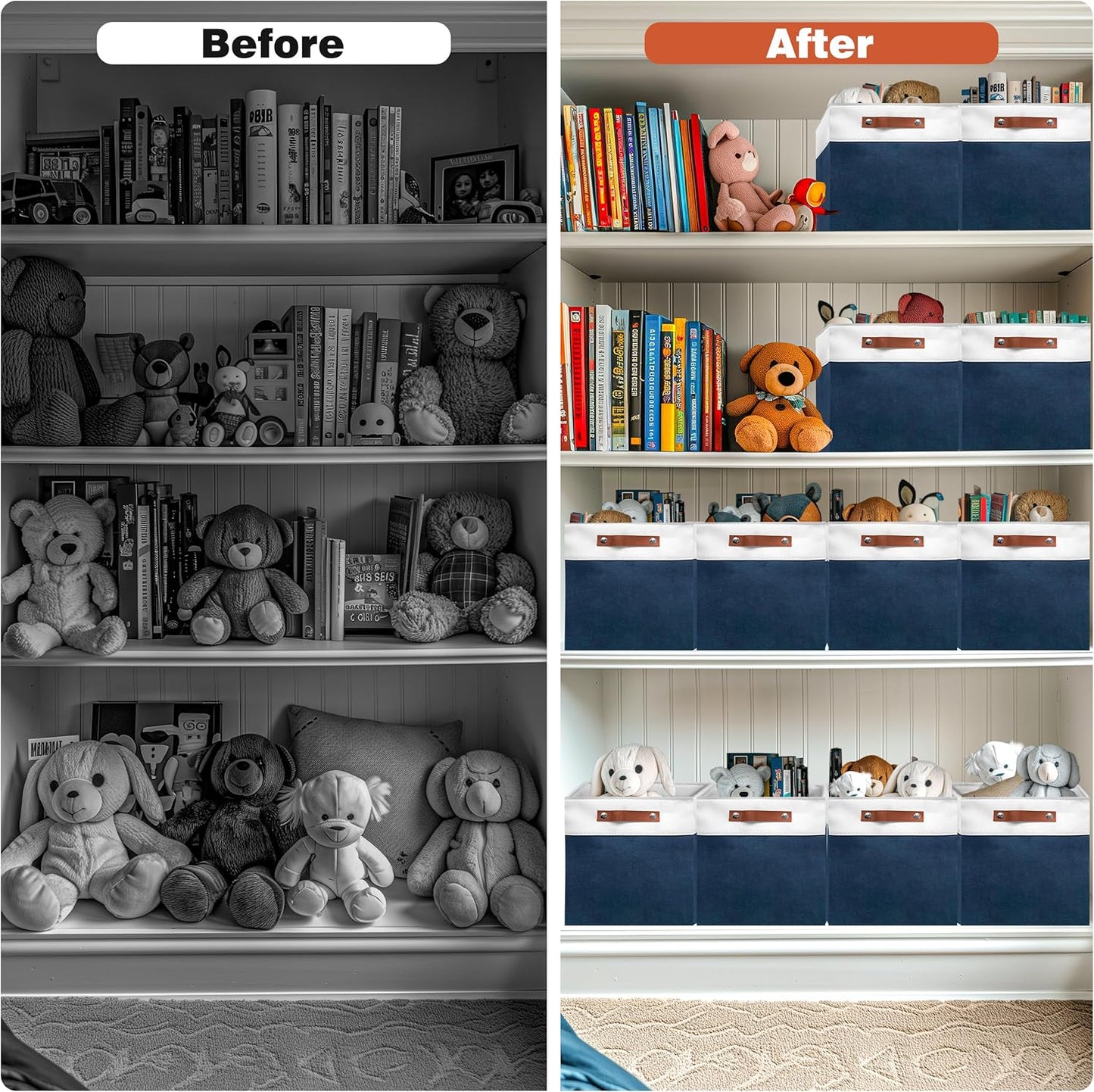 13in Open Fabric Storage Basket with Leather Handles for Organizing, Collapsible Linen Closet Bins for Shelves, Closets, Laundry, Decorative Basket for Gifts. (White＆Blue, 2PCS/13x13in)