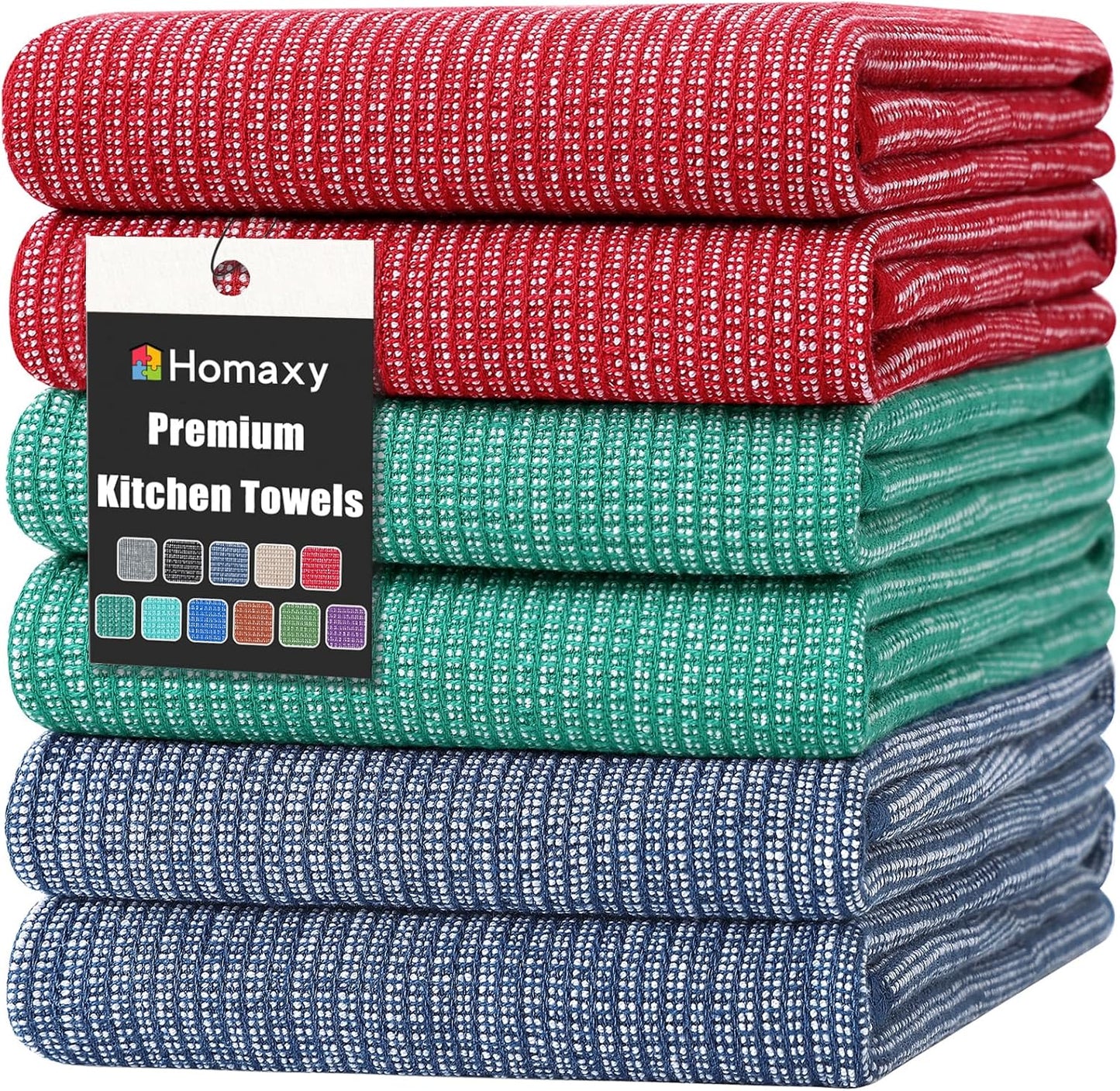 Homaxy Premium Kitchen Towels(18”x 28”, 6 Pack), Large Cotton Kitchen Hand Towels, Flat and Terry Dish Towels, 380 GSM Highly Absorbent Tea Towel Set with Hanging Loop, Navy Blue/Red/Green