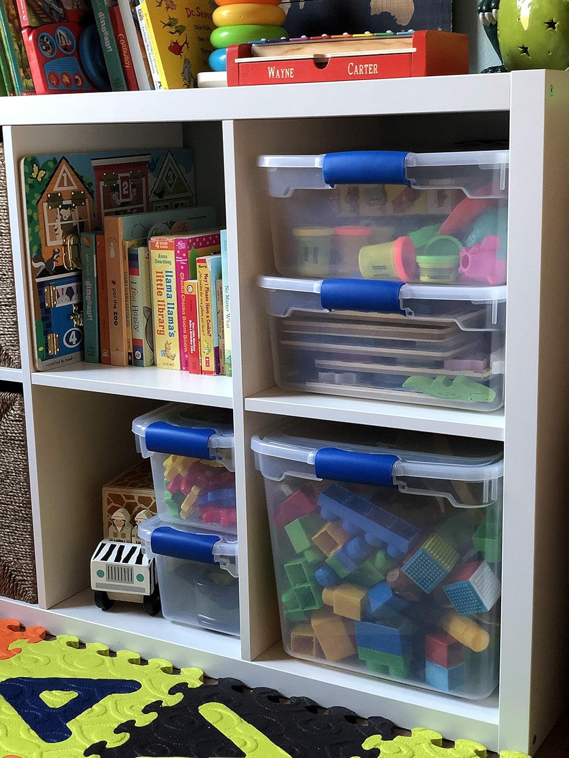 HOMZ 4-Pack Latching Lid, Small Clear Plastic Storage Bins w/ Lids, 15.5 Quart, Blue Latch - Stackable Container Boxes for Home, Bathroom, and Office Organization