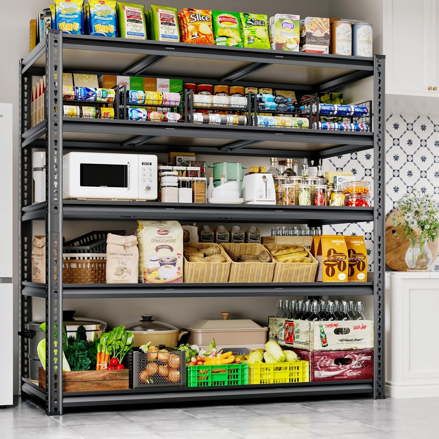 48"W Garage Shelving, 3050LBS Storage Shelves Heavy Duty, 5 Tier Metal Shelving Unit Adjustable Garage Shelves Heavy Duty Shelving for Warehouse,Commercial, Kitchen, 48" W × 18" D × 72" H, Black