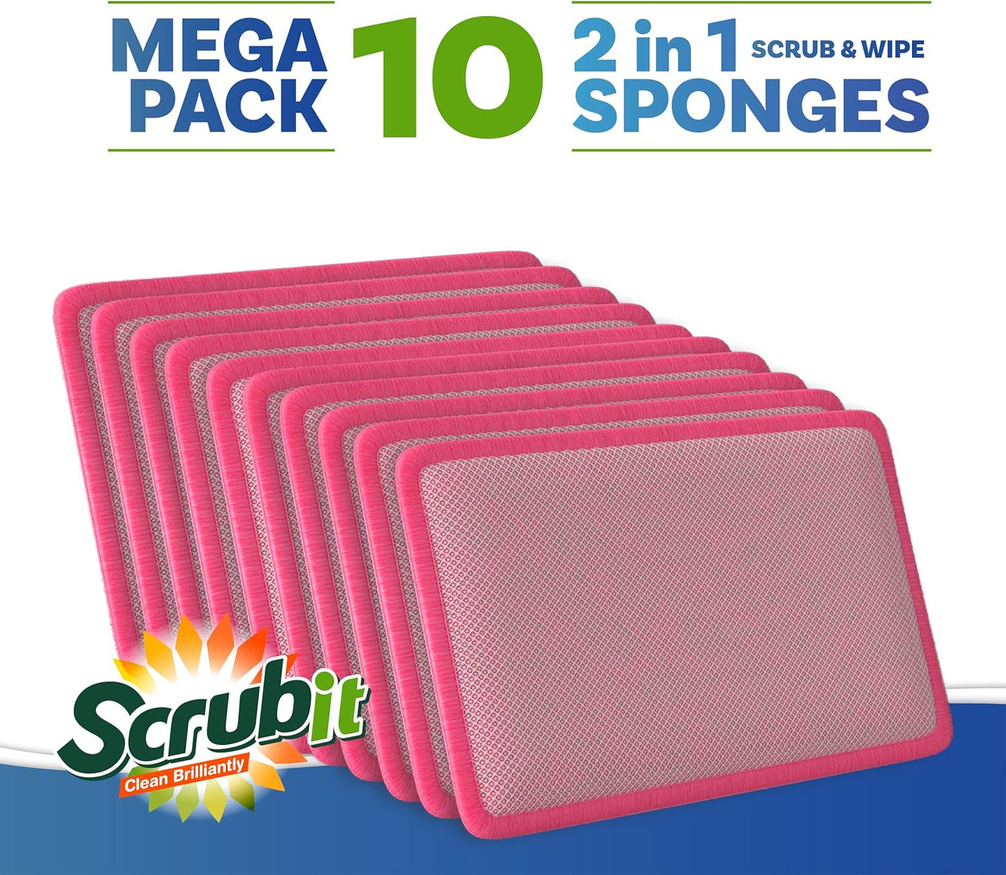 Scrub and Wipe Scrubbing Pads [10 Pack] – SCRUBIT Dual Sided Scouring Pad and Sponge - Reusable Kitchen Scrubbing Sponges for Dishes, Pots, Pans Utensils & Non-Stick Cookware (Pink)