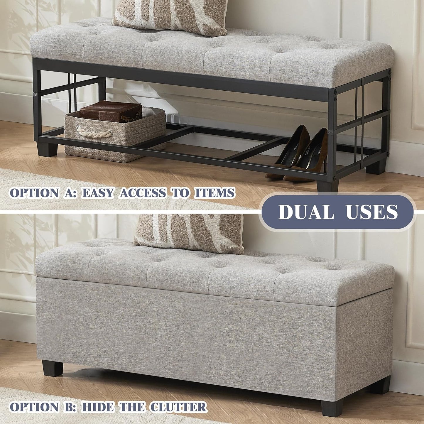43’’ Storage Ottoman Bench, Linen Entryway Benches Load up to 660 Lb, Modern End of Bed Benches for Bedroom, Ottoman with Storage Bench for Living Room, Light Gray
