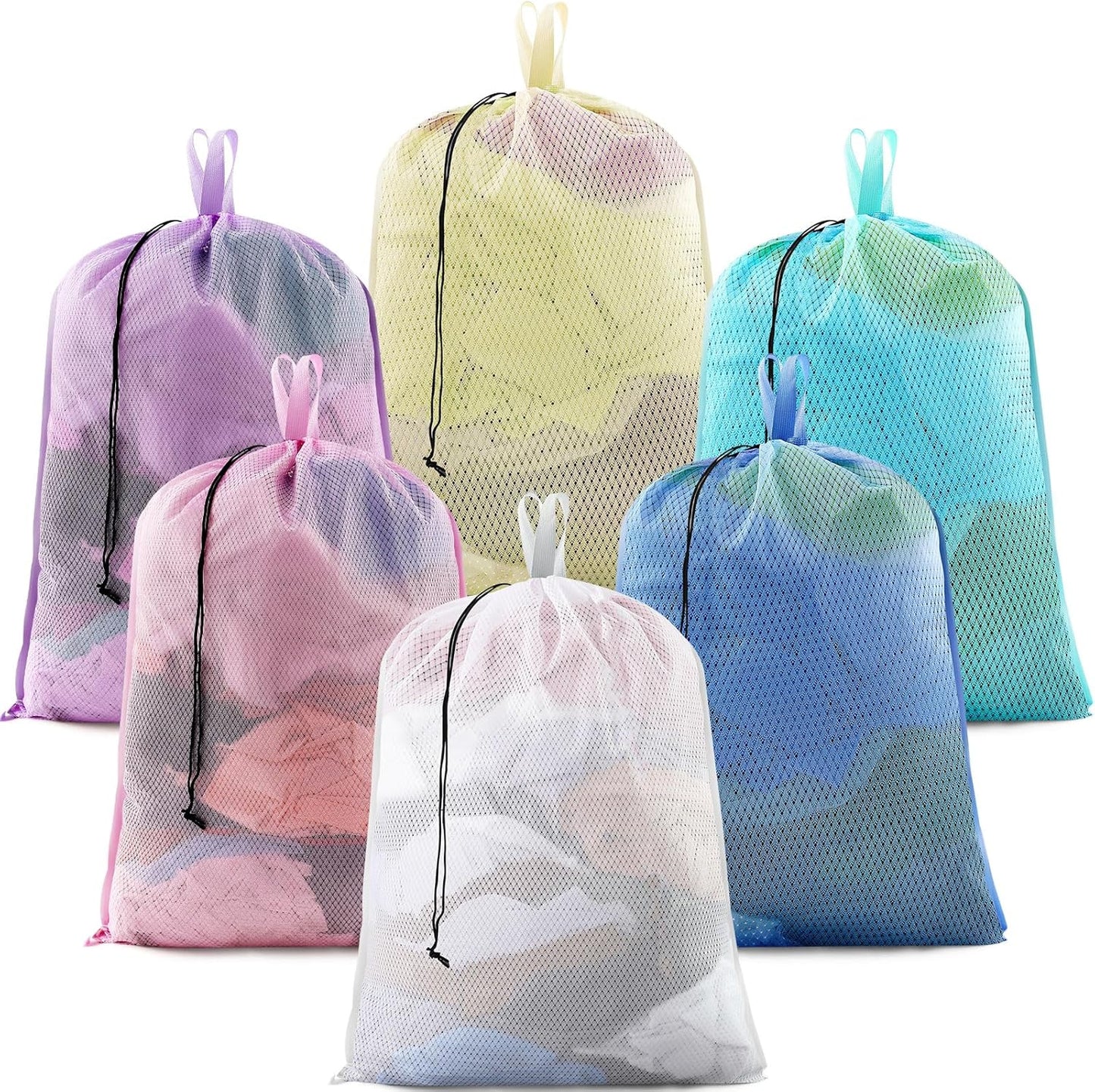 6 Pack 24 x 36 Inches Colorful Mesh Laundry Bag with Handles Machine Washable Secure Drawstring Closure Large Sturdy Mesh Net Laundry for College Travel Dorm Laundromat