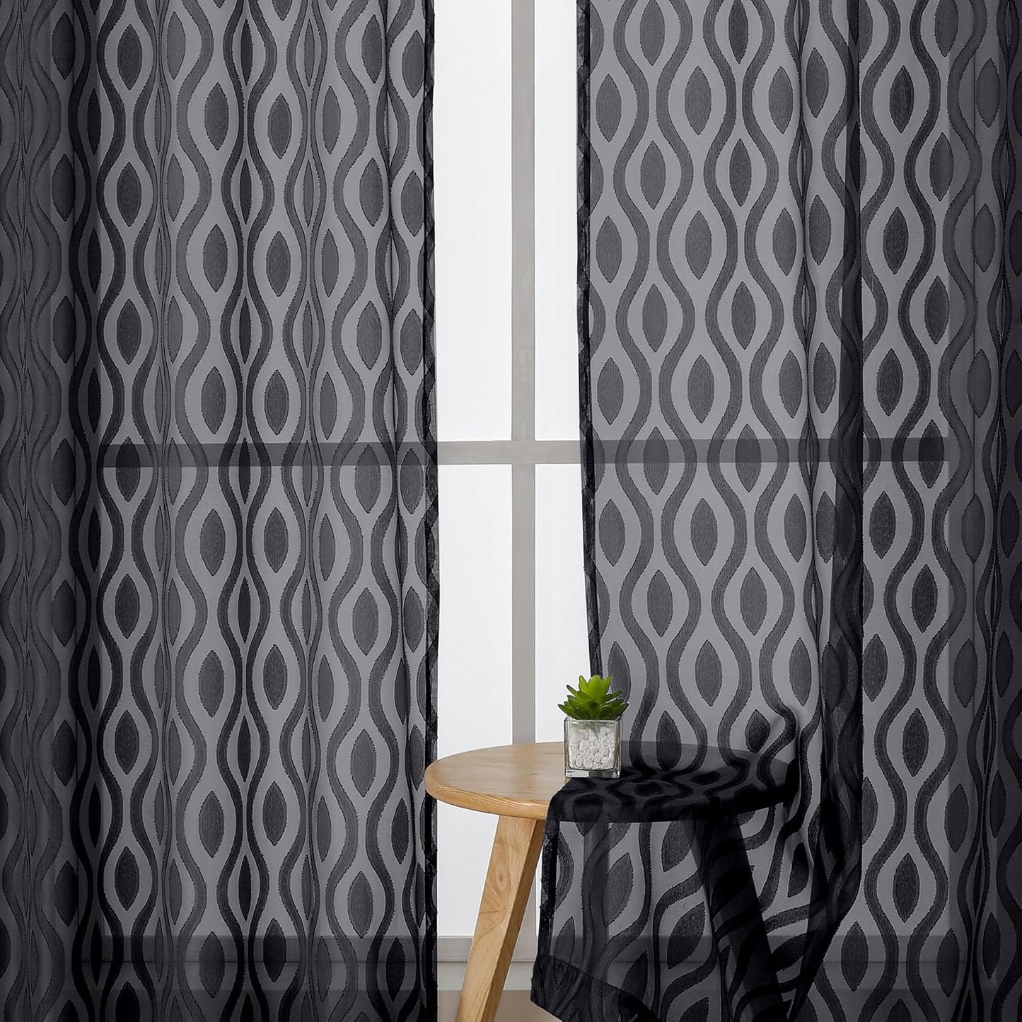 Aiyufeng Black Kitchen Curtains 14 Inch Length, Clip Jacquard Chic Wavy Line Black Valances for Windows, Lightweight Airy Rod Pocket Short Curtains for Bathroom Basement, 2 PCS, 40" Wx14 L Inches