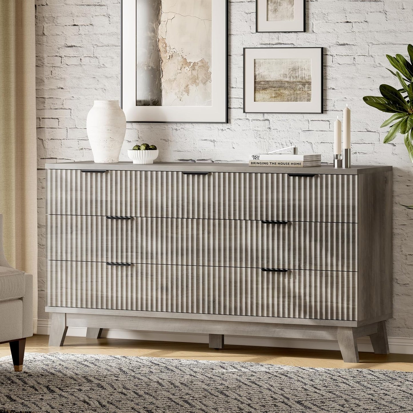 Fluted Dresser with 7 Drawers, 58" Wide Modern Chest of Drawers with Metal Handle, Wooden Dresser TV Stand, Wood Closet Clothes Storage Organizer for Bedroom, Living Room, Hallway, Light Grey