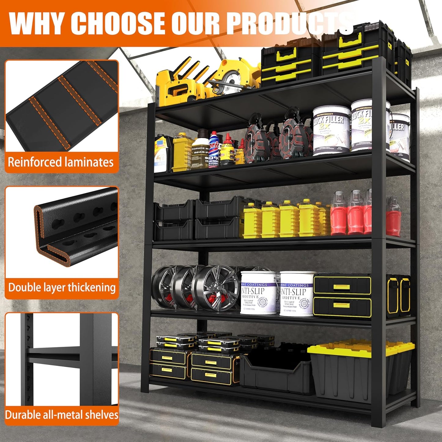 84“H Garage Shelving Heavy Duty Storage Shelves 3000 LBS Adjustable 5 Tier Metal Shelving Uints and Storage for Garage, Warehouse, Commercial, 48" W x 24" D x 84" H