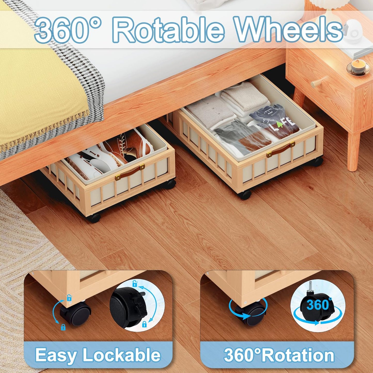efluky 2-Pack Bamboo Under Bed Storage with Wheels, Rolling UnderBed Storage Basket with Large Dust Bag, Under Bed Storage Containers for Bedroom, Dorm and Basement, Nature