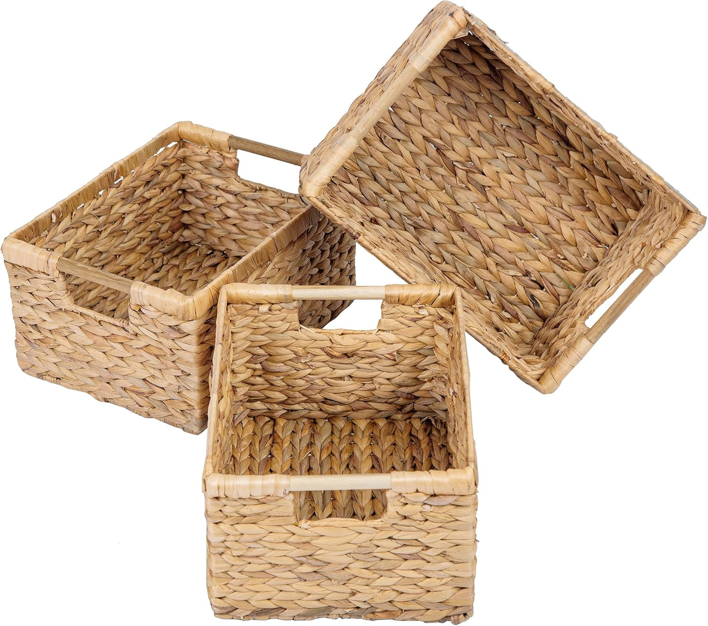 Large Wicker Basket Rectangular with Wooden Handles for Shelves, Water Hyacinth Basket Storage, Natural Baskets for Organizing, Wicker Baskets for Storage 14.5 x 10.3 x 7.5 inches - 3 Pack