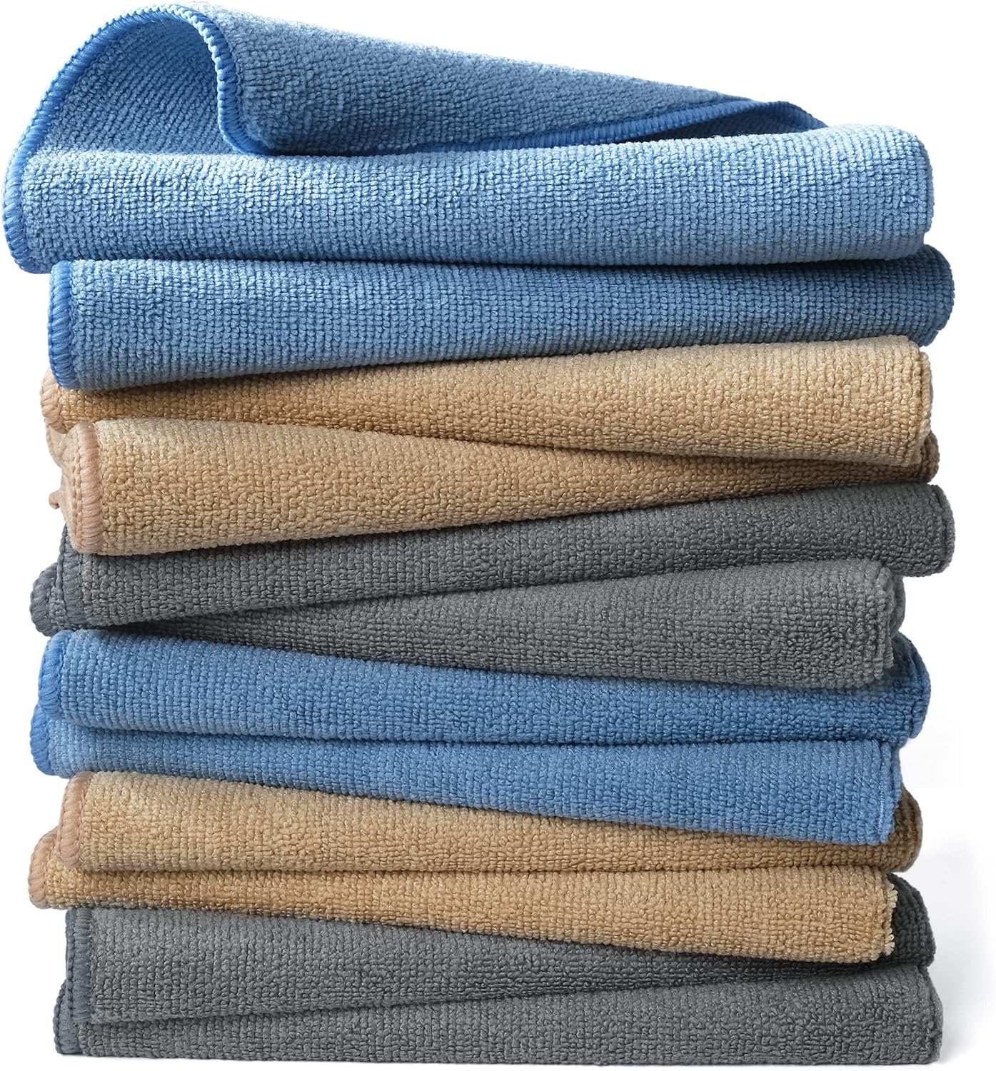 POLYTE Microfiber Cleaning Towel (16x16, 12 Pack Professional, Blue,Camel,Gray)