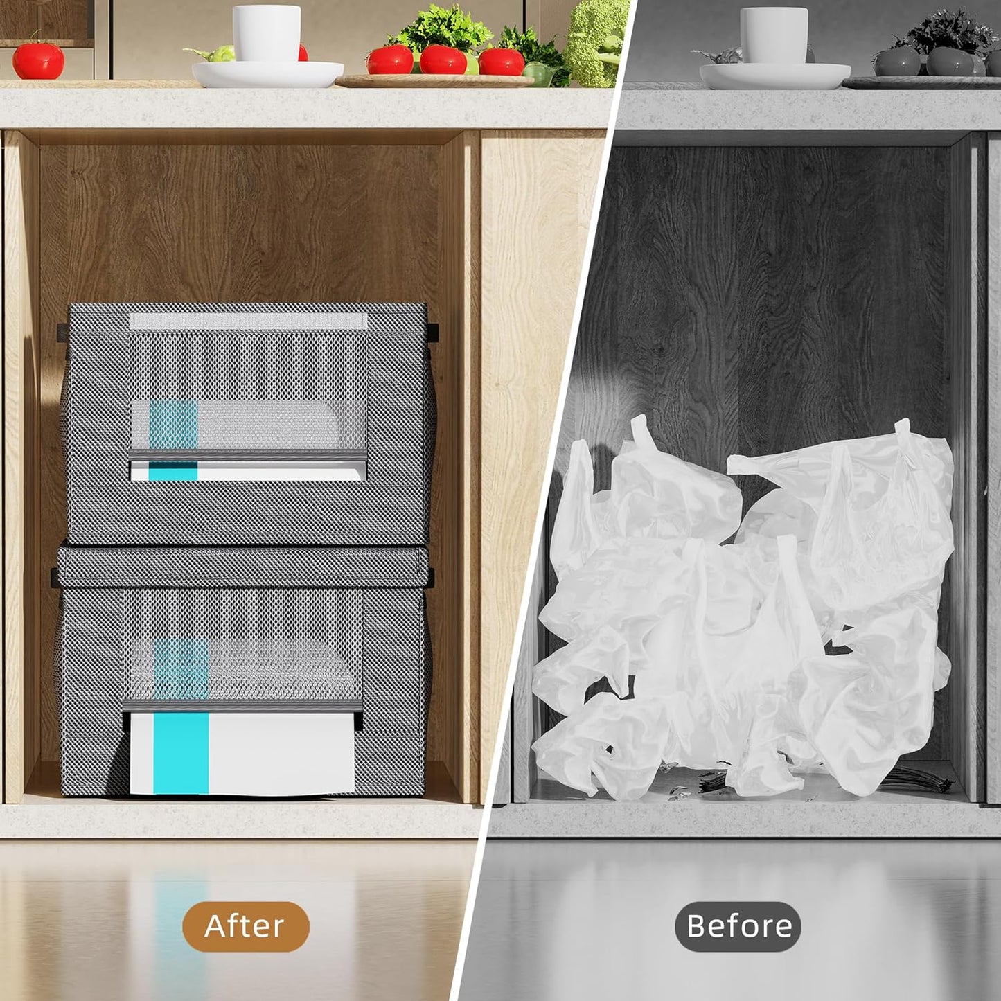 2 Pack Extra Large Trash Bag Holder Dispenser,Oxford Cloth Garbage Bag Storage Organizer with Mesh Pockets,Foldable Kitchen Trash Bag Holder Fits 33/30/13 Gallon Roll for Kitchen and Pantry