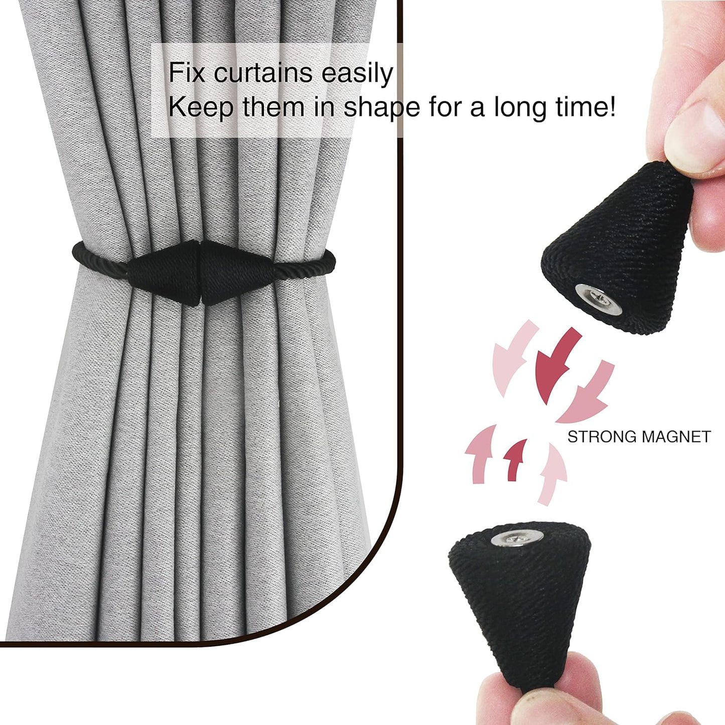 2 Pack Magnetic Curtain Tiebacks Rope Modern Handmade Curtain Tie Backs Decorative Drapes Weave Holdbacks for Window Décor, Black
