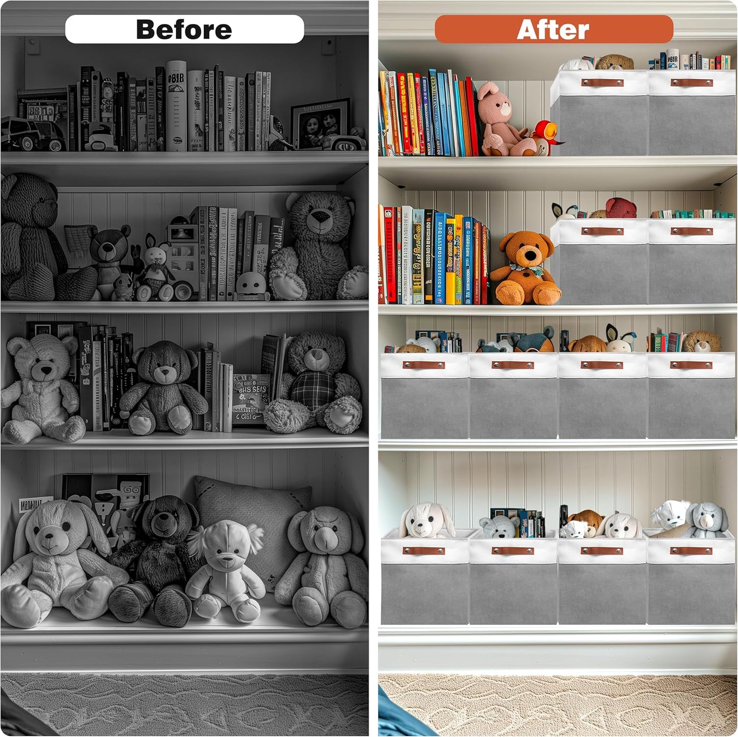 11in Open Fabric Storage Basket with Leather Handles for Organizing, Collapsible Linen Closet Bins for Shelves, Closets, Laundry, Decorative Basket for Gifts. (White＆Gray, 3PCS/11x11in)