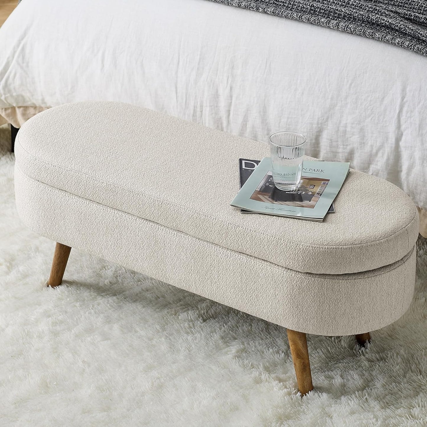 Furnimart 43.5" Queen Size Storage Bedroom Bench for End of Bed, Faux Linen Upholstered Storage Ottoman with Solid Wood Leg for Bedroom,Living Room, Entryway, Beige