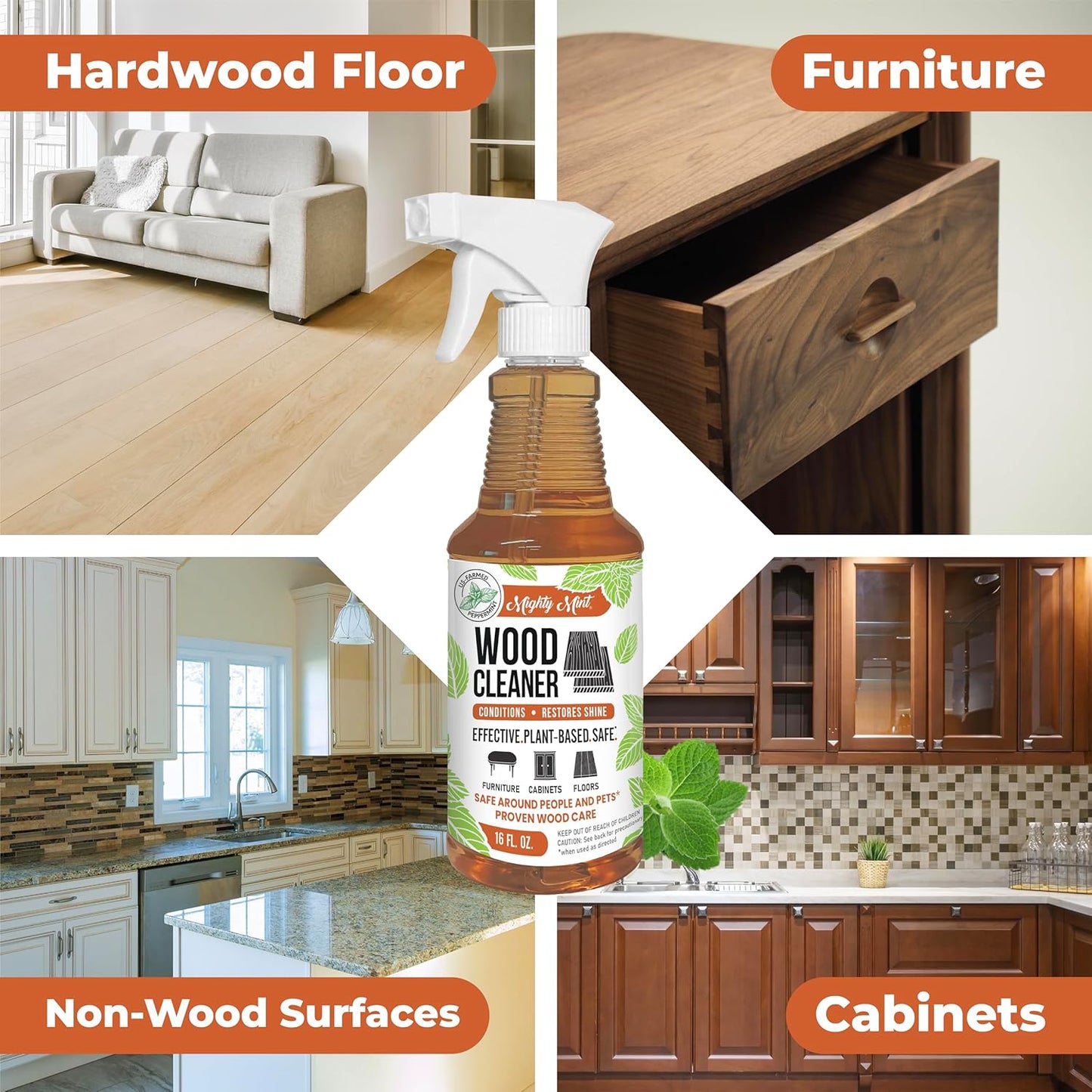 Mighty Mint Wood Cleaner and Conditioner, Spray Cleans and Renews Wood, Natural Peppermint Scent, 16oz