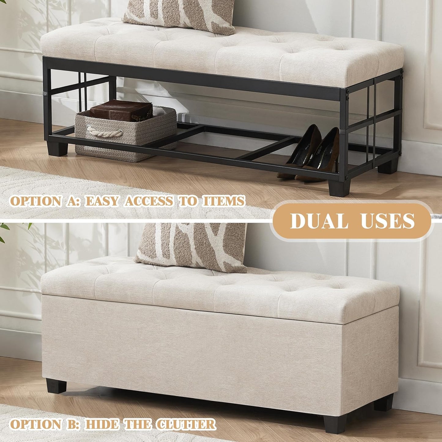 43’’ Storage Ottoman Bench, Linen Entryway Benches Load up to 660 Lb, Modern End of Bed Benches for Bedroom, Ottoman with Storage Bench for Living Room, Beige