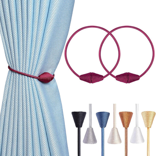 2 PCS Magnetic Curtain Tiebacks, European Style Convenient Drape Tie Backs Holdbacks for Thin or Thick Home & Office Window Draperies, No Tools Required-Burgundy