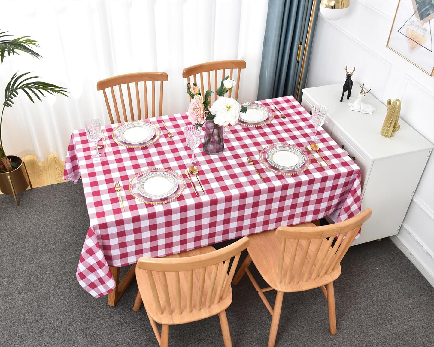 Gingham Plaid Tablecloth - Rectangular 58x102 Inch Water Resistant Valentines Table Cloth for Indoor/Outdoor Use - Valentine's Table Cover for Kitchen, Picnics, and Parties
