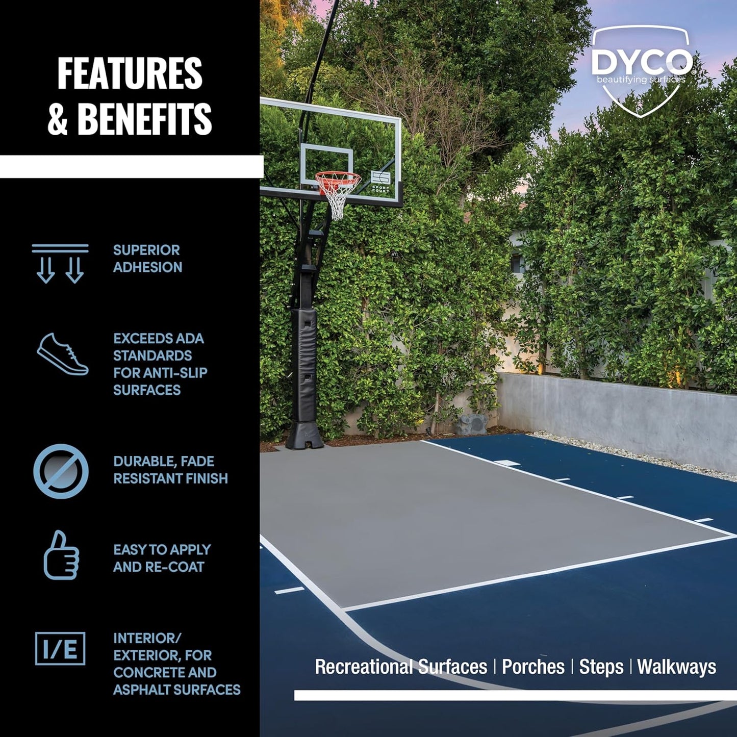 DYCO Court & Floor Anti-Slip Coating - Slip-Resistant Pavement, Cement & Concrete Paint for Pickleball, Tennis & Basketball Courts, Exceeds ADA Standards for Safety Areas (White, 1 Gallon)