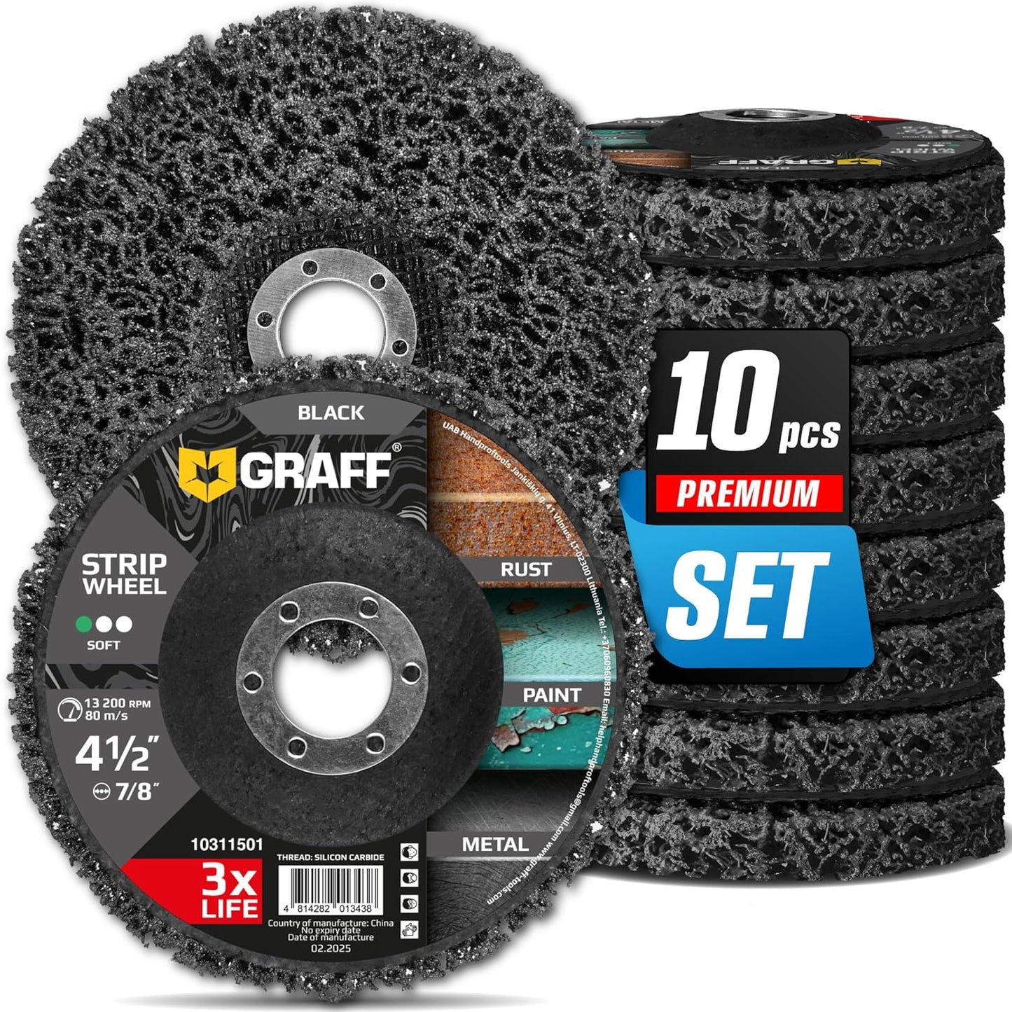 4.5 Inch Paint Stripping Disc - Rust Remover Wheel, Abrasive Discs Rust, Oxidation, Paint Remover Stripper Discs - Soft Strip Discs 4 1/2 for Angle Grinder GRAFF 10 Packs (7/8" Arbor)