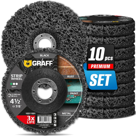 4.5 Inch Paint Stripping Disc - Rust Remover Wheel, Abrasive Discs Rust, Oxidation, Paint Remover Stripper Discs - Soft Strip Discs 4 1/2 for Angle Grinder GRAFF 10 Packs (7/8" Arbor)