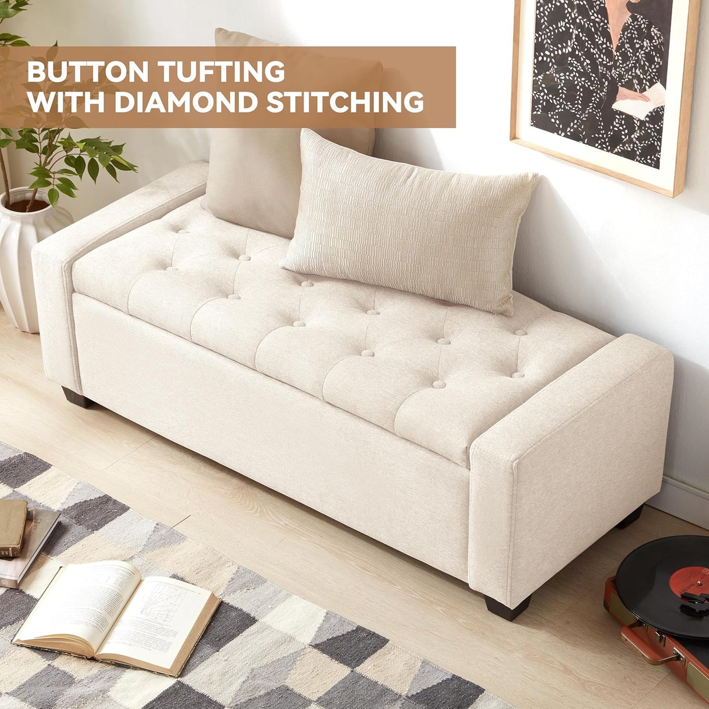 48" Ottoman with Storage, Large Storage Ottoman Bench for Bedroom with Safety Hinge, Upholstered Tufted Window Benches, End of Bed Bench for Living Room, Entryway Bench with Seating, Beige