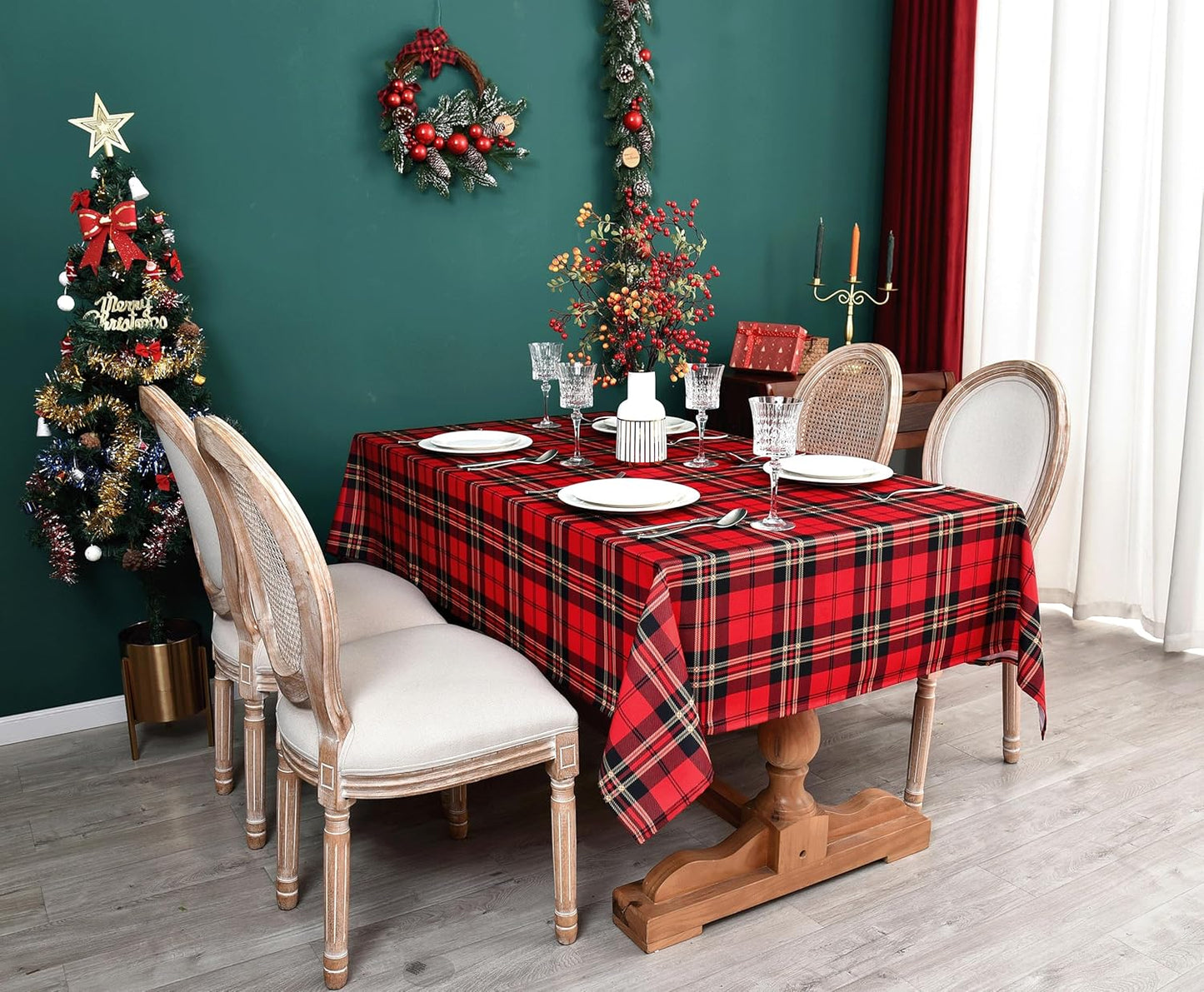 Gingham Xmas Tartan Tablecloth Fabric - Oblong 58x120 Water Resistant Christmas Plaid Table Cloth for Indoor/Outdoor Use - Red Tabletop Cover Perfect for Birthday, Picnics, Gardens