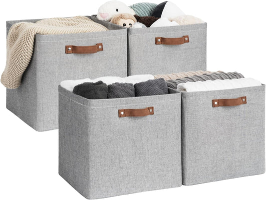StorageWorks 13x13 Inches Storage Cube, Fabric Storage Bins with PU Handles, Collapsible Organizer Baskets for Closet, Gray, 4-Pack
