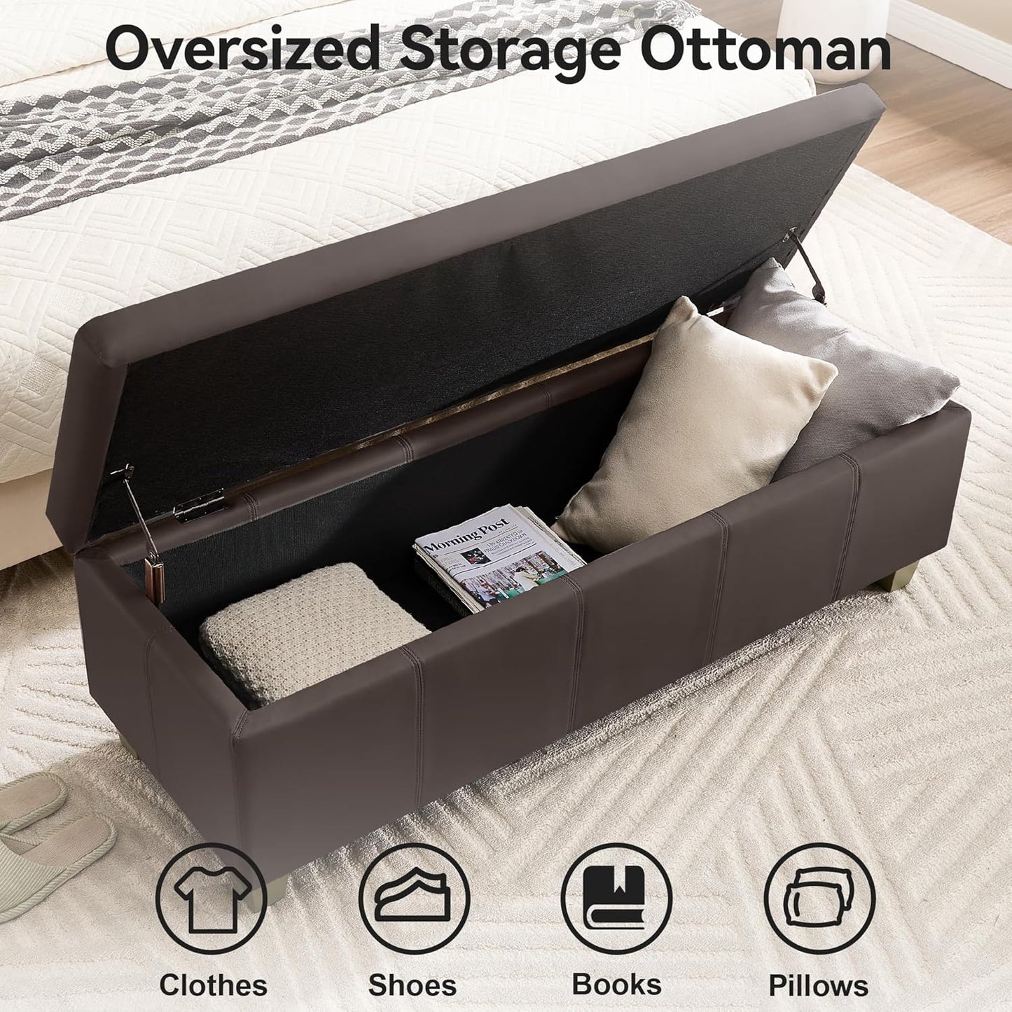51" Faux Leather Storage Ottoman, Stitch Tufted Rectangle Upholstered End of Bed Storage Bench, Entryway Large Couch Ottoman with Wooden Legs,Brown