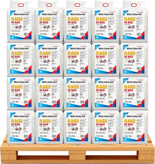 Premium White T-Shirt Cleaning Rags (600 lbs. Pallet 120x5 lbs. Bag) – White Cotton Rags for Cleaning, Staining, Painting, Oil, Grease & Dust Removal – Shop Rags Bulk for Multipurpose use