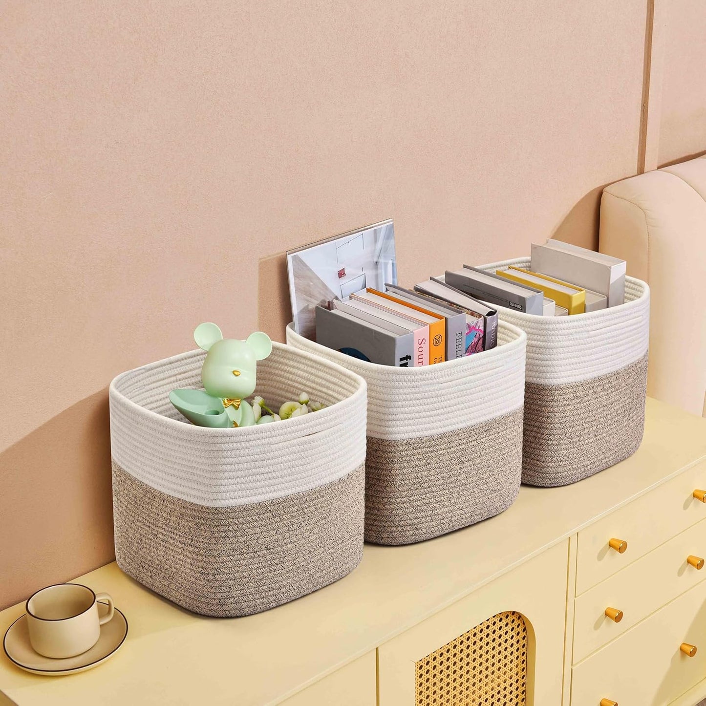 3 Pack Storage Cubes 11 Inch Cotton Rope Woven Baskets for Organizing Cube Bin Square Shelves Organizer,Classroom,Kids Toy Bins,Closet,Baby Nursery(Brown)