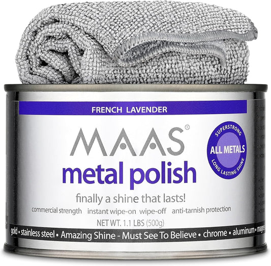 MAAS Metal Polish 1.1lb Can Plus Free Cloth, Universal Metal Cleaner for All Metals, Clean, Polish, and Protect Silver, Brass, Copper and More, Tarnish Remover and Silver Cleaner for Jewelry