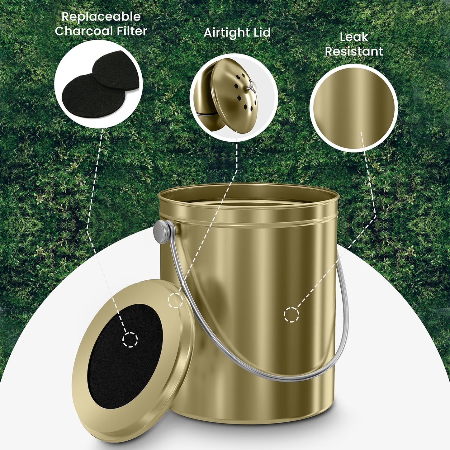 Utopia Kitchen Compost Bin for Kitchen Countertop - 1.3 Gallon Compost Bucket for Kitchen with Lid - Includes 1 Spare Charcoal Filter (Gold)