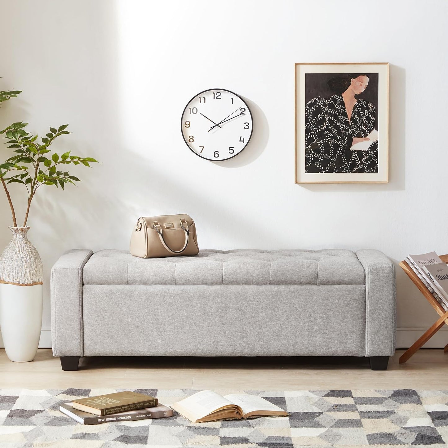 48" Ottoman with Storage, Large Storage Ottoman Bench for Bedroom with Safety Hinge, Upholstered Window Benches, End of Bed Bench for Living Room, Entryway Bench with Seating, LightGray