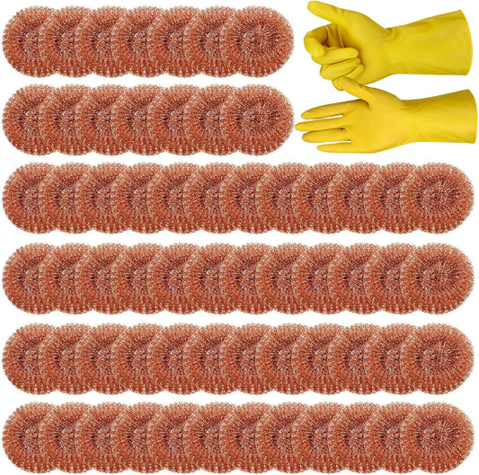Hushee 50 Pack Copper Coated Scourers Rust Resistant Scrubbing Scouring Pad with 1 Pair of Rubber Household Cleaning Gloves Heavy Duty Copper Mesh Scourer for Dishes, Pots, Pans, and Ovens