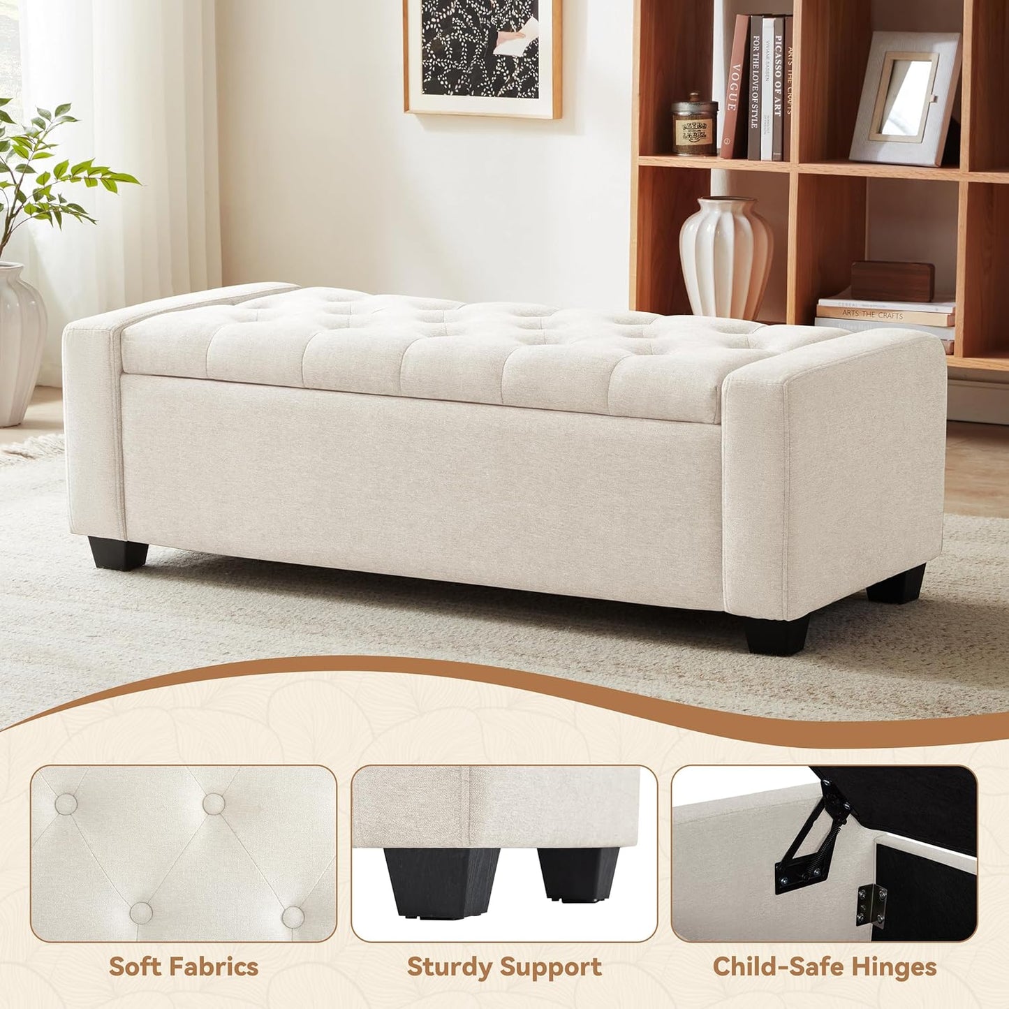 48" Ottoman with Storage, Large Storage Ottoman Bench for Bedroom with Safety Hinge, Upholstered Tufted Window Benches, End of Bed Bench for Living Room, Entryway Bench with Seating, Beige